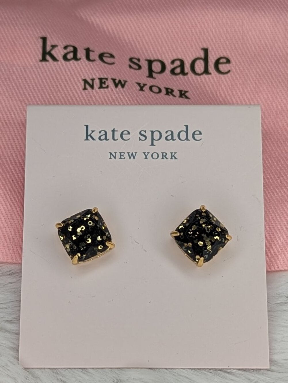 Kate Spade Black Glitter Studs in Gold